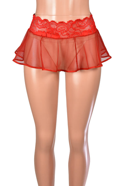 Mannequin wearing 9" long Sheer Red Mesh and Lace Micro Mini Skirt (lace waistband with flared mesh panels)
