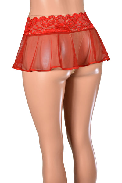 Sheer Red Mesh and Lace Micro Mini Skirt