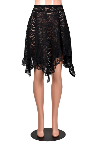 Black Ruffled Lace Asymmetrical Zig Zag Hem Skirt