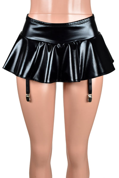 Shiny Black Metallic Micro Mini Skirt with Mini Metal Suspender Garter Straps