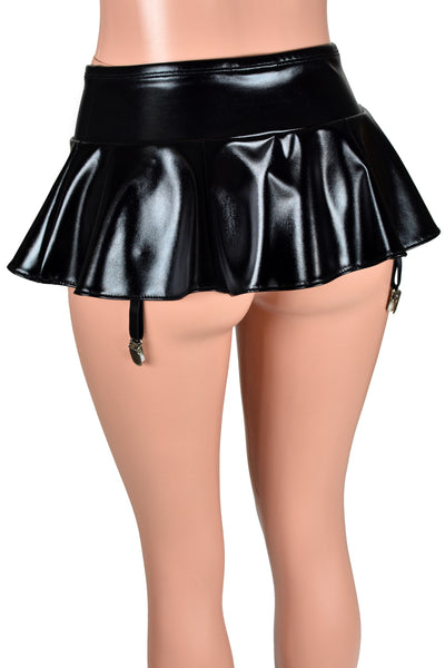 Shiny Black Metallic Micro Mini Skirt with Mini Metal Suspender Garter Straps