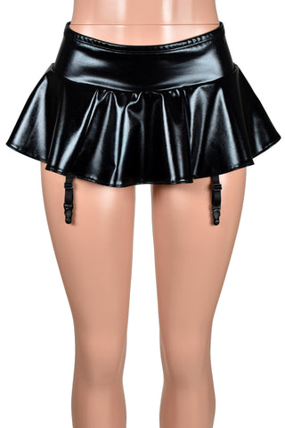 Shiny Black Metallic Micro Mini Skirt with Garter Straps