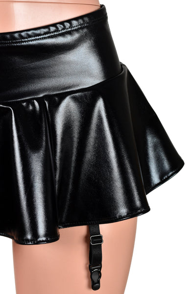 Shiny Black Metallic Micro Mini Skirt with Garter Straps