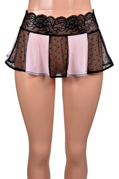 Sheer Light Pink and Black Polkadot Mesh Micro Mini Skirt