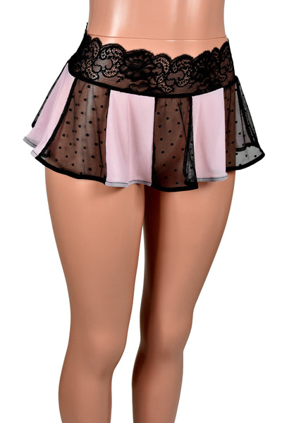 Sheer Light Pink and Black Polkadot Mesh Micro Mini Skirt