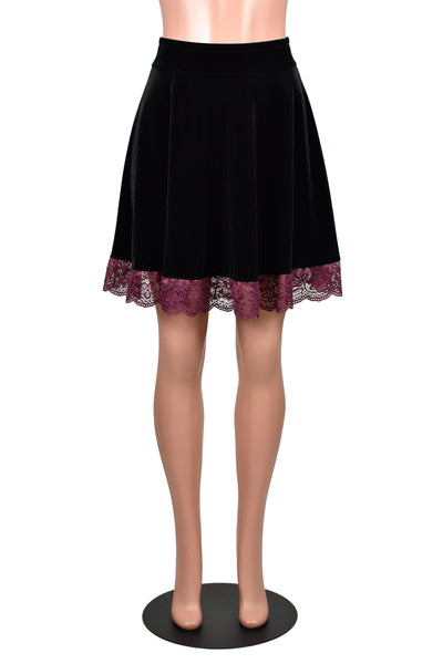 Black Velvet Skater Skirt with Burgundy Lace Trim