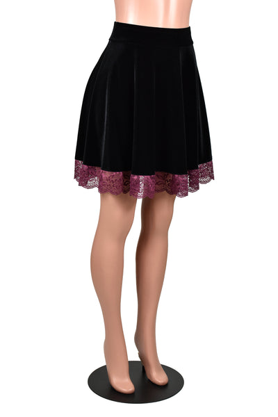 Black Velvet Skater Skirt with Burgundy Lace Trim