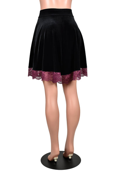 Black Velvet Skater Skirt with Burgundy Lace Trim