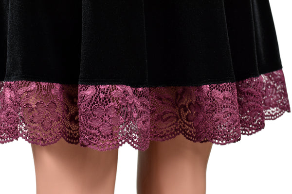 Black Velvet Skater Skirt with Burgundy Lace Trim