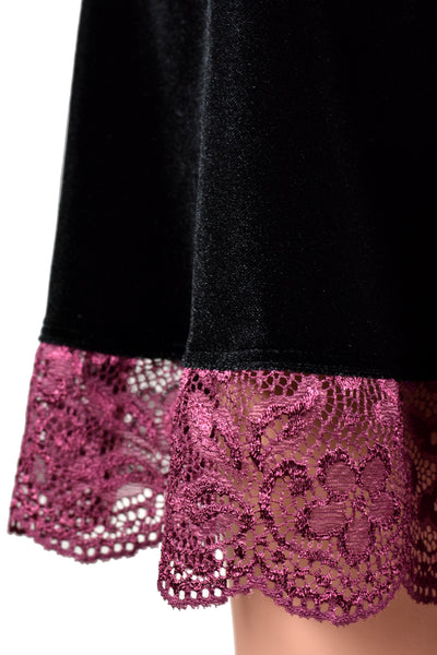 Black Velvet Skater Skirt with Burgundy Lace Trim