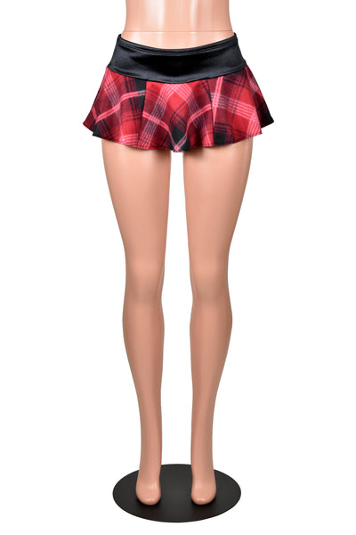 Red Plaid Fleece and Black Satin Micro Mini Skirt