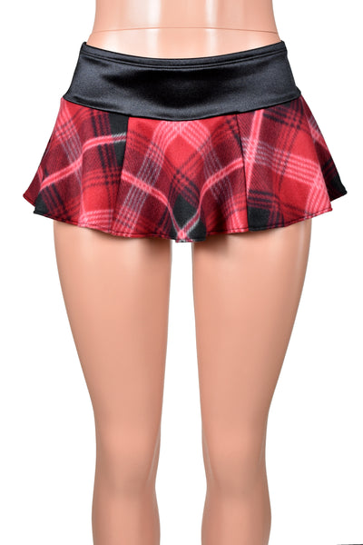 Red Plaid Fleece and Black Satin Micro Mini Skirt