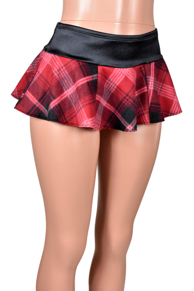 Red Plaid Fleece and Black Satin Micro Mini Skirt