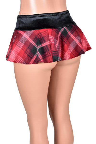 Red Plaid Fleece and Black Satin Micro Mini Skirt