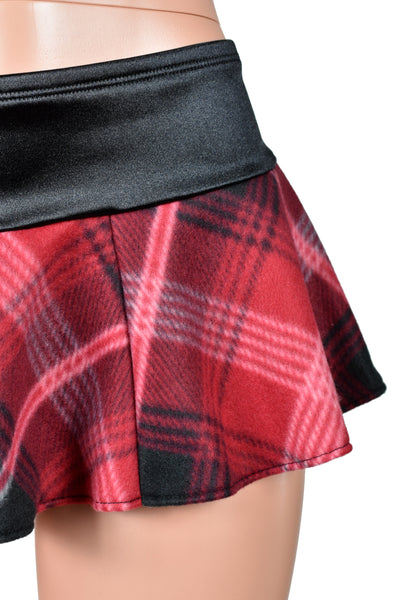 Red Plaid Fleece and Black Satin Micro Mini Skirt