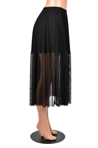 Black Cotton and Mesh Midaxi Skirt