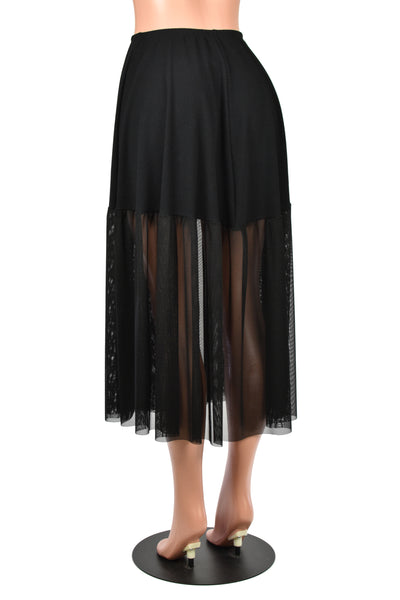 Black Cotton and Mesh Midaxi Skirt