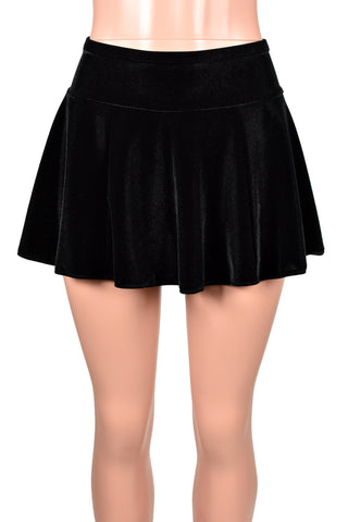 Black Stretch Velvet Flared Mini Skirt