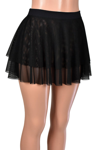 Sheer Layered Black Mesh Circle Skirt with Raw Hem