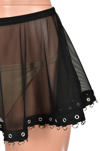 Black Mesh Micro Mini Skirt with Grommet and D-Ring Hem (9" length)