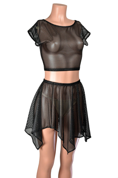 Black Shiny Net Zig Zag Hem Skirt