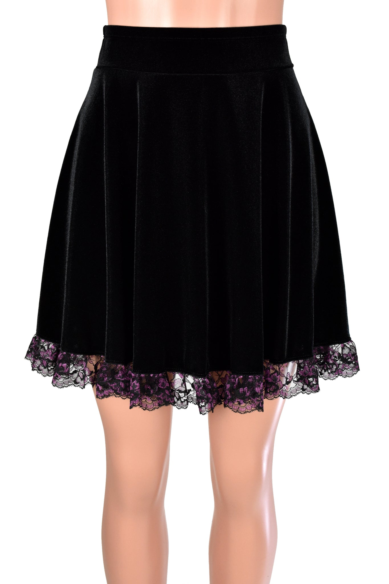 Black Stretch Velvet Skater Skirt with Purple Lace Trim