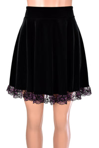 Black Stretch Velvet Skater Skirt with Purple Lace Trim