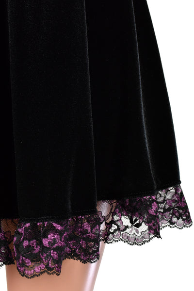 Black Stretch Velvet Skater Skirt with Purple Lace Trim