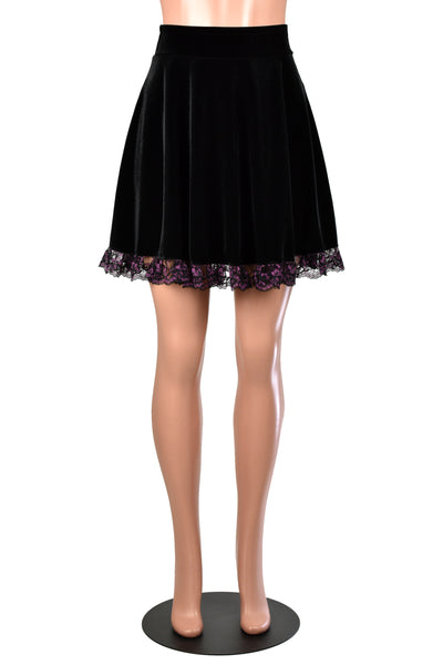 Black Stretch Velvet Skater Skirt with Purple Lace Trim
