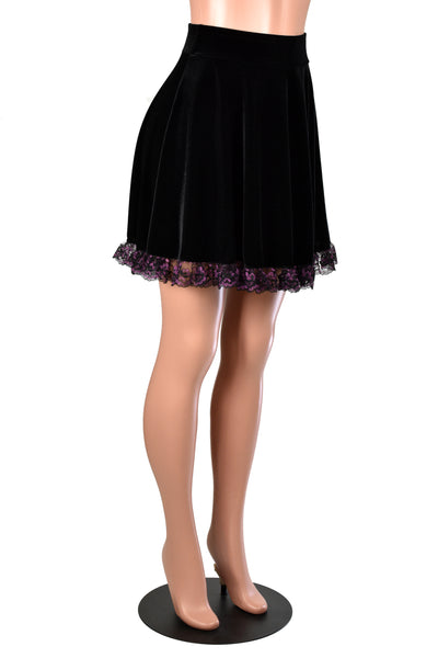 Black Stretch Velvet Skater Skirt with Purple Lace Trim