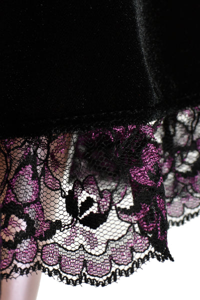 Black Stretch Velvet Skater Skirt with Purple Lace Trim