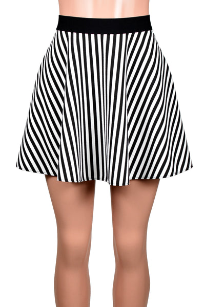 Mannequin wearing skater skirt with 1/4 inch wide black and white vertical stripes and solid black elastic waistband