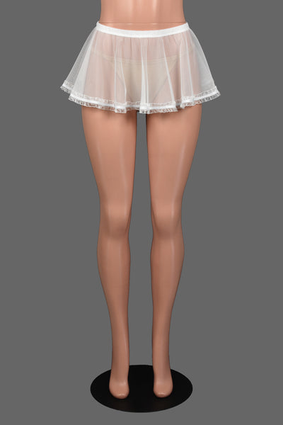 White Mesh Micro Mini Skirt with Ruffled Hem (9" long)