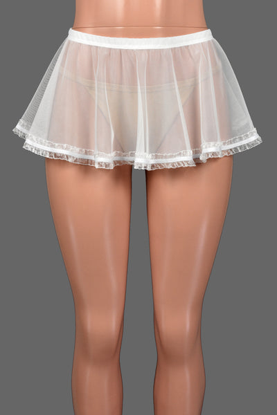 White Mesh Micro Mini Skirt with Ruffled Hem (9" long)