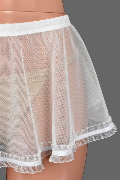 White Mesh Micro Mini Skirt with Ruffled Hem (9" long)