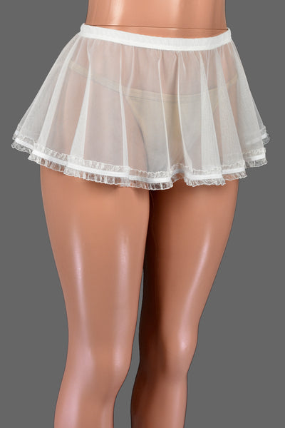 White Mesh Micro Mini Skirt with Ruffled Hem (9" long)