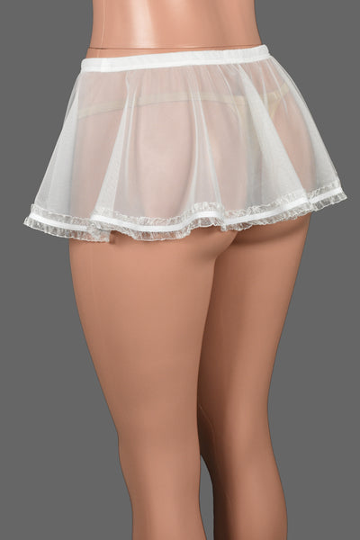 White Mesh Micro Mini Skirt with Ruffled Hem (9" long)
