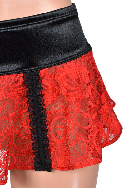 Black Satin and Red Lace Ruffle Trim Micro Mini Skirt