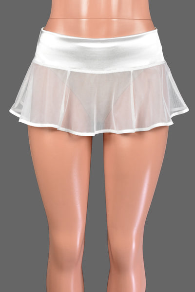 White Stretch Satin and Sheer Mesh Micro Mini Skirt