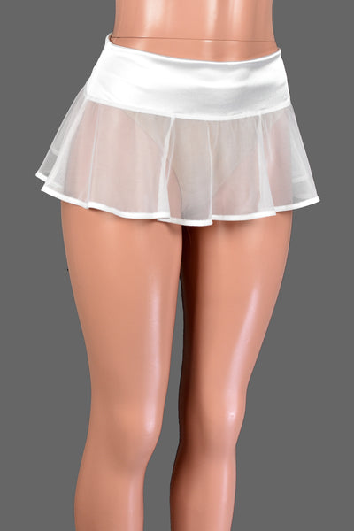 White Stretch Satin and Sheer Mesh Micro Mini Skirt