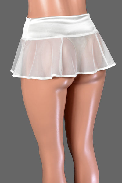 White Stretch Satin and Sheer Mesh Micro Mini Skirt
