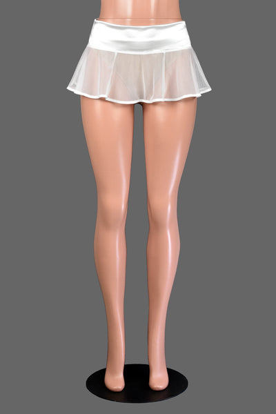 White Stretch Satin and Sheer Mesh Micro Mini Skirt