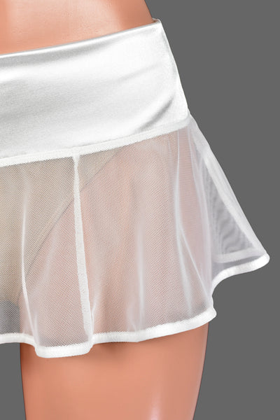 White Stretch Satin and Sheer Mesh Micro Mini Skirt