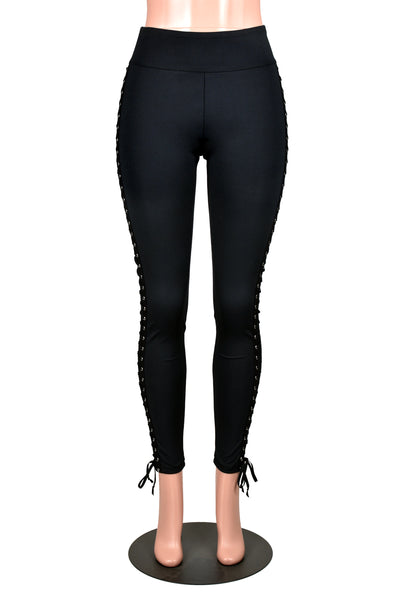 Black Poly Spandex Side Lace-Up Leggings