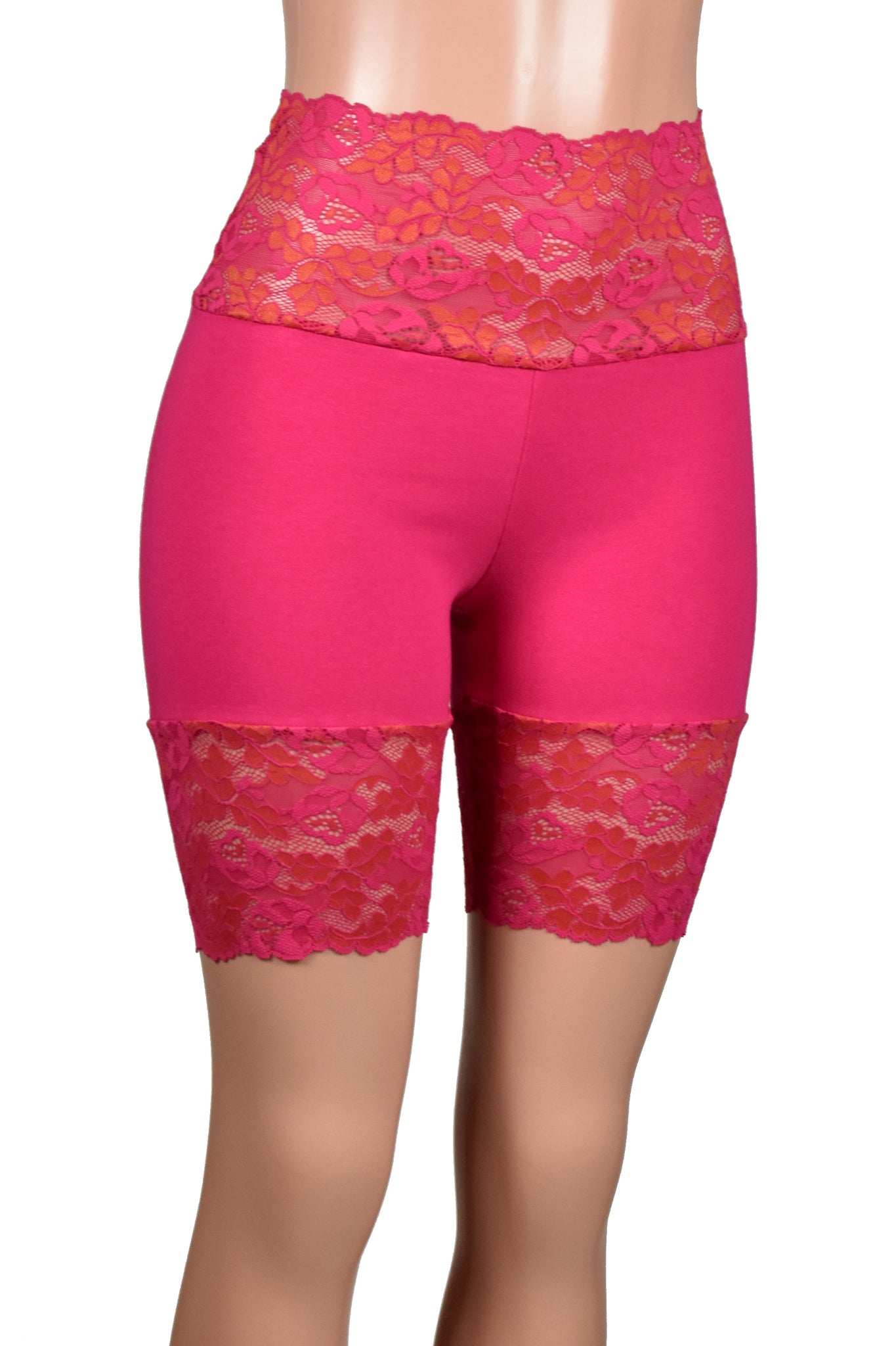 Hot Pink Wide Waistband Stretch Lace Shorts (8.25" Inseam)
