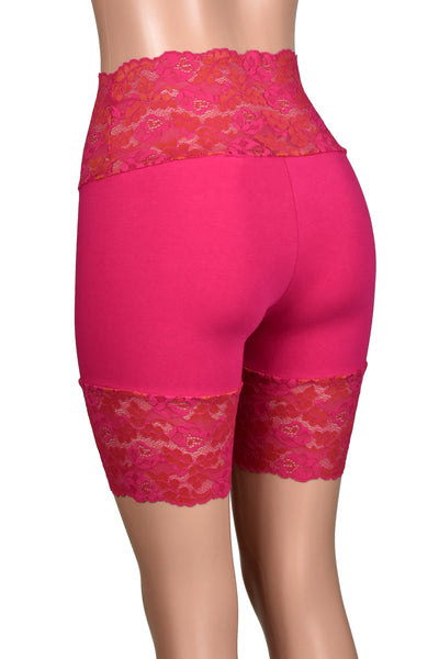 Hot Pink Wide Waistband Stretch Lace Shorts (8.25" Inseam)