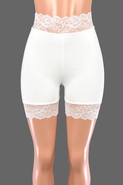 High-Waisted White Stretch Lace Shorts (5" Inseam/Mini Length)