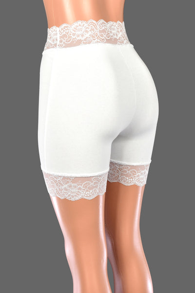 High-Waisted White Stretch Lace Shorts (5" Inseam/Mini Length)