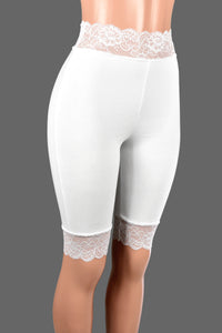 Knee Length High-Waisted White Stretch Lace Shorts (10.5" inseam)