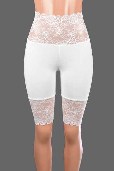 Knee Length Wide Waistband White Stretch Lace Shorts (10.5" inseam)